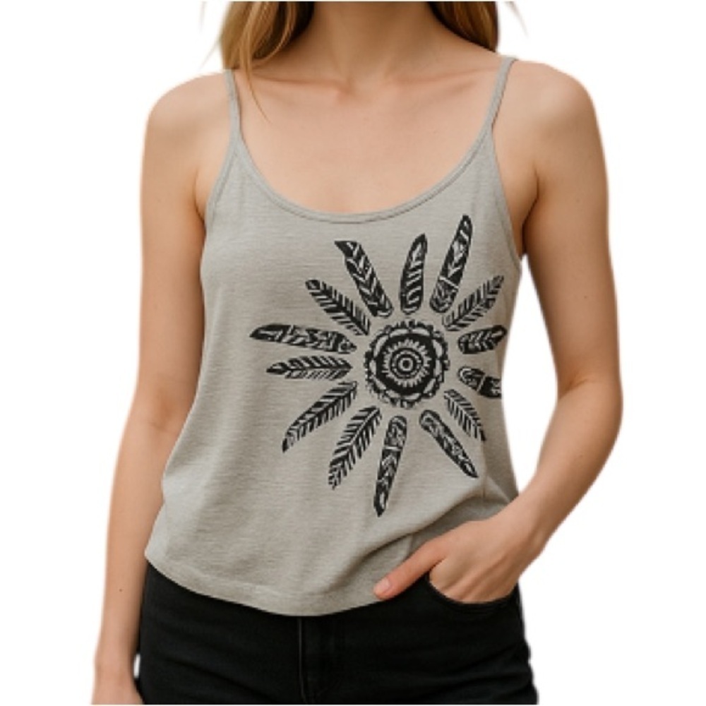 ROXY Graphic Print Tank Top Grey Dreamcatcher Raw Trim Boho Beach S